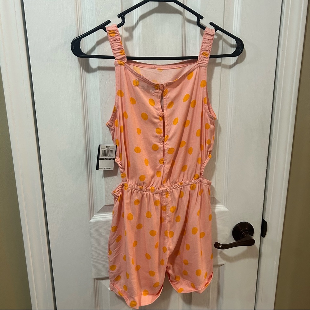 DKNY Girls Medium Romper Cut Out Side Pink Orange Polka Dot NWT Sleeveless - Picture 5 of 8